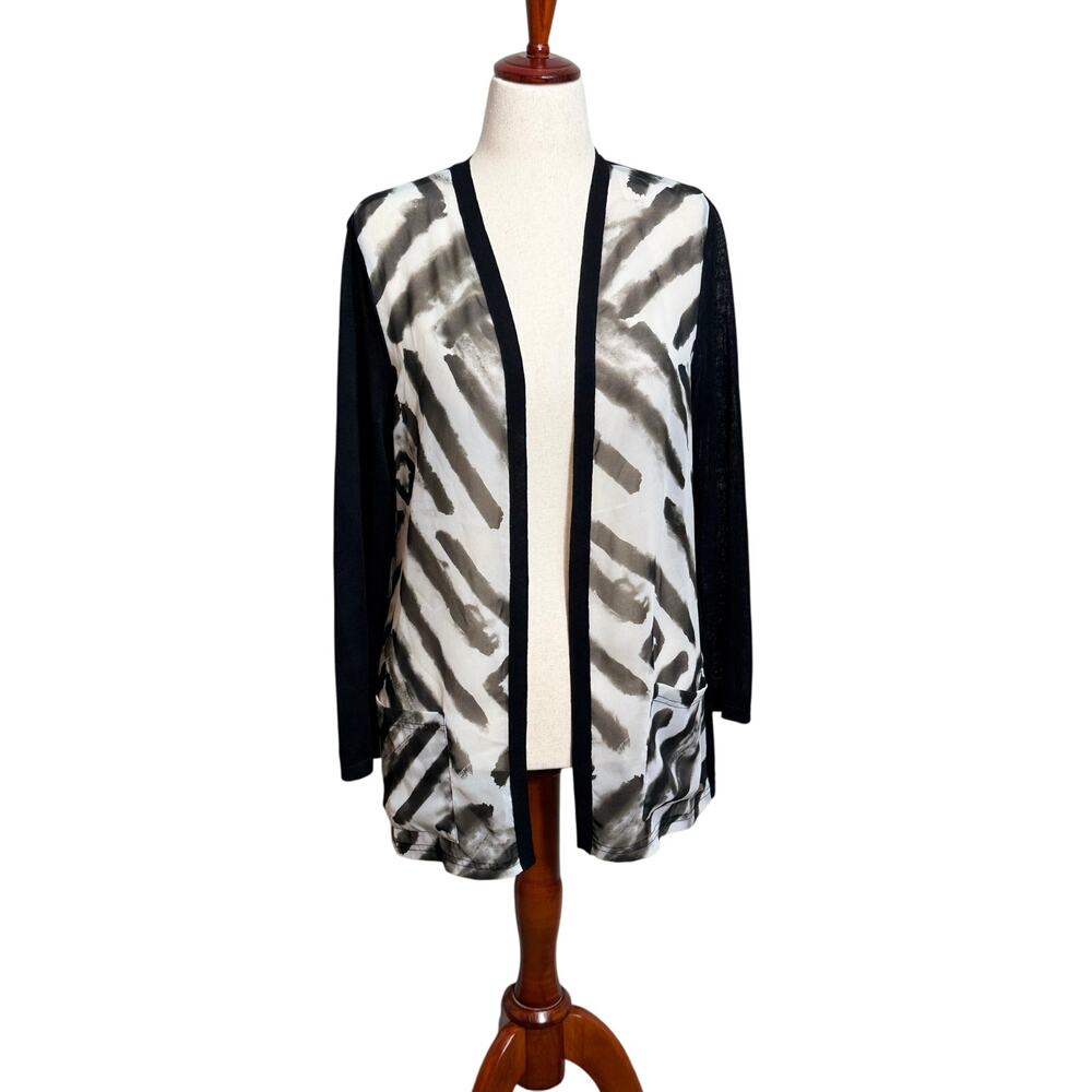 Chico's duster cardigan lightweight black & white sheer front pockets Sz 2 US L